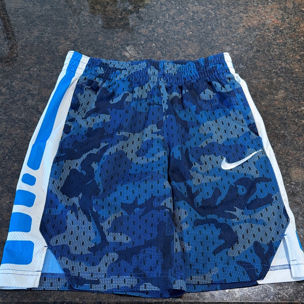 Nike Boys' M Blue Camouflage Mesh Athletic Shorts with White Swoosh